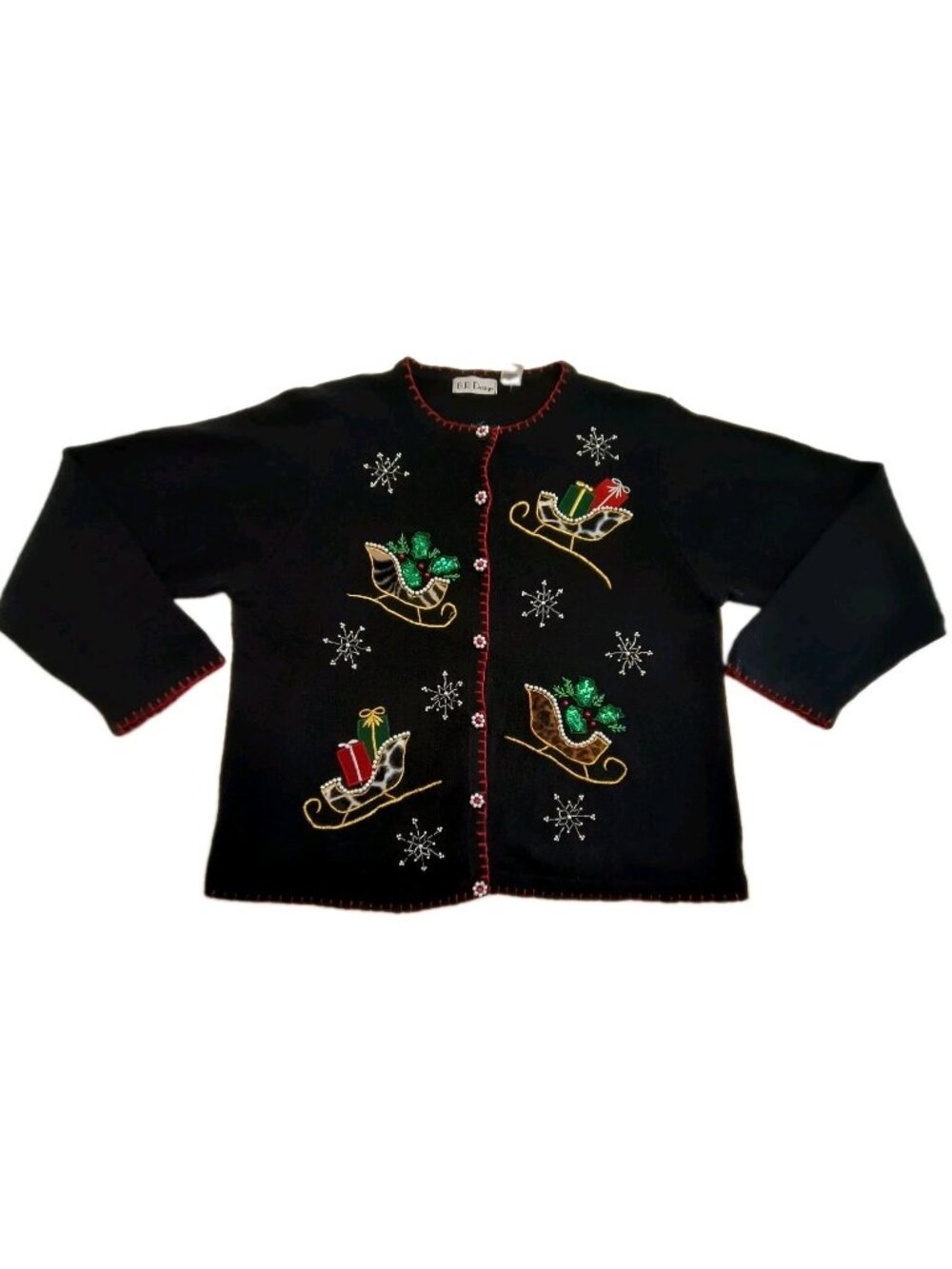 B.P Design Women's XL Black Beaded Christmas Holiday Sleds Snowflakes Sweater